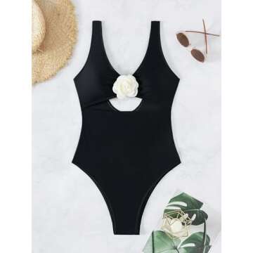 OYOANGLE Women's One Piece Swimsuit 3D Rose Cut Out V Neck High Waist Bathing Suit Monokini Black M