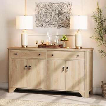 WAMPAT 59" Large Sideboard Buffet Cabinet with Storage - Farmhouse Buffet Cabinet with 2 Drawers and 4 Doors, Coffee Bar Wine Bar Storage Kitchen Cabinet Buffet Table for Dining Room,Living Room,Oak