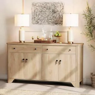 WAMPAT 59" Large Sideboard Buffet Cabinet with Storage - Farmhouse Buffet Cabinet with 2 Drawers and 4 Doors, Coffee Bar Wine Bar Storage Kitchen Cabinet Buffet Table for Dining Room,Living Room,Oak