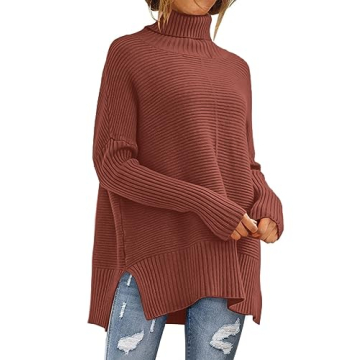ANRABESS Women Oversized Turtleneck Long Batwing Sleeve Split Hem Pullover Knit Tunic Sweater Outfit...