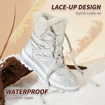 BABUDOG Womens Warm Fur Lined Mid-Calf Boots Waterproof Winter Snow Boots Non-slip Lace up Combat Boots(Silver.US9)
