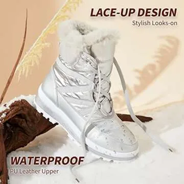 BABUDOG Womens Warm Fur Lined Mid-Calf Boots Waterproof Winter Snow Boots Non-slip Lace up Combat Boots(Silver.US9)