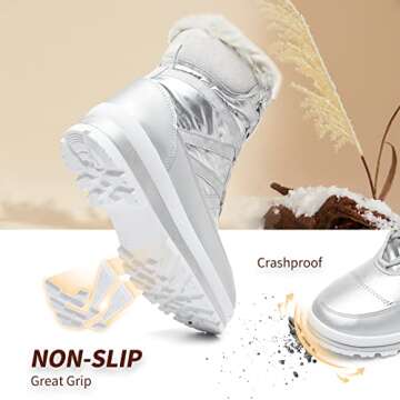 BABUDOG Womens Warm Fur Lined Mid-Calf Boots Waterproof Winter Snow Boots Non-slip Lace up Combat Boots(Silver.US9)