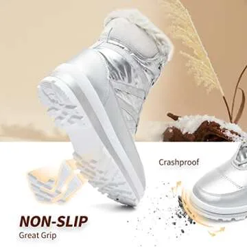 BABUDOG Womens Warm Fur Lined Mid-Calf Boots Waterproof Winter Snow Boots Non-slip Lace up Combat Boots(Silver.US9)