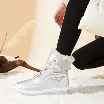 BABUDOG Womens Warm Fur Lined Mid-Calf Boots Waterproof Winter Snow Boots Non-slip Lace up Combat Boots(Silver.US9)