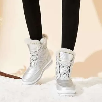BABUDOG Womens Warm Fur Lined Mid-Calf Boots Waterproof Winter Snow Boots Non-slip Lace up Combat Boots(Silver.US9)