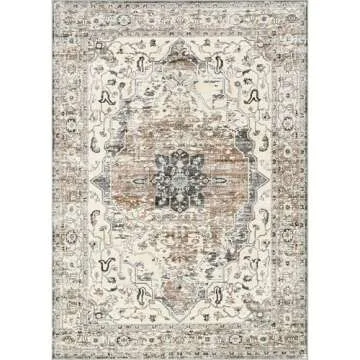 befbee 8x10 Area Rugs for Living Room, Stain Resistant Neutral Washable Rugs for Dining Room, Floral Vintage Non-Slip Thin Large Size Area Rug (Brown/Grey)