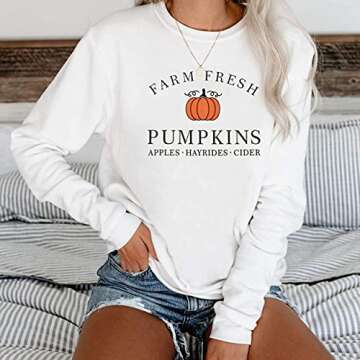 FCHICH Farm Fresh Pumpkins Apples Hayrides Cider Fall Sweatshirt Women Funny Letter Print Halloween Thanksgiving Tee Tops (XXL, White)