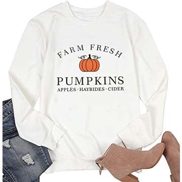 FCHICH Farm Fresh Pumpkins Apples Hayrides Cider Fall Sweatshirt Women Funny Letter Print Halloween Thanksgiving Tee Tops (XXL, White)