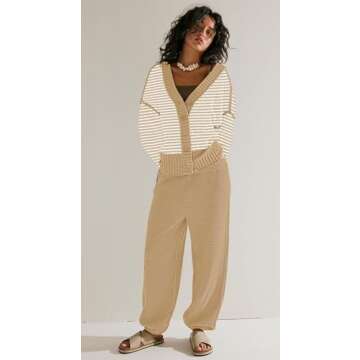 SAUKOLE Womens Two Piece Outfits Knit Sweater Sets Oversized Button Down Cardigan and Long Pants Matching Lounge Set