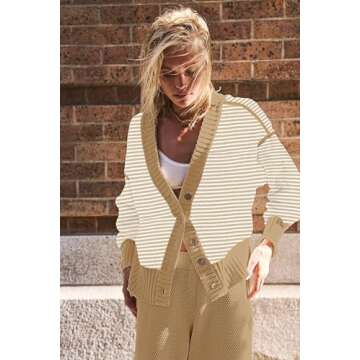 SAUKOLE Womens Two Piece Outfits Knit Sweater Sets Oversized Button Down Cardigan and Long Pants Matching Lounge Set