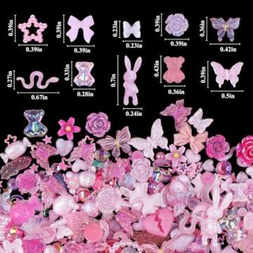 Kikonoke 3D Cute Nail Charms, 100 Pieces Rabbit Butterfly Flower Bow Nail Art Charms Mixed Flatback Nail Rhinestones Pearls and Nail Glitter As Gift, Resin Charms for Nails Design DIY Crafts (Pink)