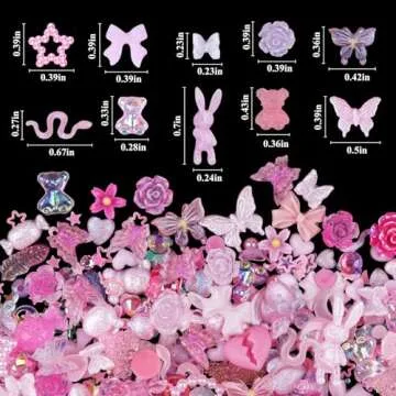 Kikonoke 3D Cute Nail Charms, 100 Pieces Rabbit Butterfly Flower Bow Nail Art Charms Mixed Flatback Nail Rhinestones Pearls and Nail Glitter As Gift, Resin Charms for Nails Design DIY Crafts (Pink)