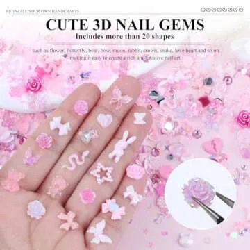 Kikonoke 3D Cute Nail Charms, 100 Pieces Rabbit Butterfly Flower Bow Nail Art Charms Mixed Flatback Nail Rhinestones Pearls and Nail Glitter As Gift, Resin Charms for Nails Design DIY Crafts (Pink)