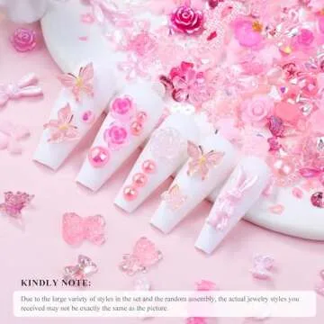 Kikonoke 3D Cute Nail Charms, 100 Pieces Rabbit Butterfly Flower Bow Nail Art Charms Mixed Flatback Nail Rhinestones Pearls and Nail Glitter As Gift, Resin Charms for Nails Design DIY Crafts (Pink)