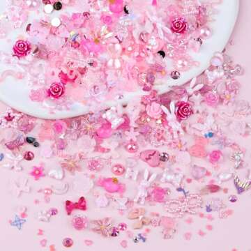 Kikonoke 3D Cute Nail Charms, 100 Pieces Rabbit Butterfly Flower Bow Nail Art Charms Mixed Flatback Nail Rhinestones Pearls and Nail Glitter As Gift, Resin Charms for Nails Design DIY Crafts (Pink)