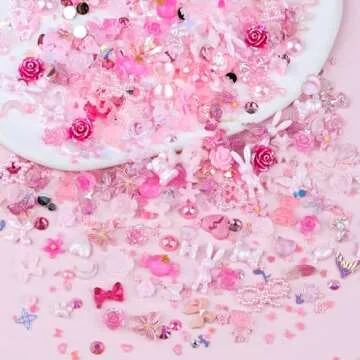 Kikonoke 3D Cute Nail Charms, 100 Pieces Rabbit Butterfly Flower Bow Nail Art Charms Mixed Flatback Nail Rhinestones Pearls and Nail Glitter As Gift, Resin Charms for Nails Design DIY Crafts (Pink)