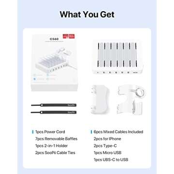 SooPii 60W 6-Port Charging Station for Multiple Devices, PD 20W USB C Fast Charging for lPhone 14/13/12,6 Short Cables Included, 2 in 1 Holder,for Phones,Tablets and Others,White