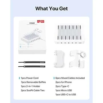 SooPii 60W 6-Port Charging Station for Multiple Devices, PD 20W USB C Fast Charging for lPhone 14/13/12,6 Short Cables Included, 2 in 1 Holder,for Phones,Tablets and Others,White