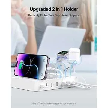 SooPii 60W 6-Port Charging Station for Multiple Devices, PD 20W USB C Fast Charging for lPhone 14/13/12,6 Short Cables Included, 2 in 1 Holder,for Phones,Tablets and Others,White