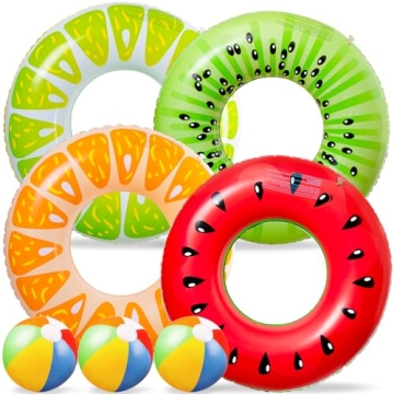 90shine 7PCS Fruit Pool Floats: Watermelon Kiwi Orange Lemon Swimming Rings with 13.5" Beach Balls -...