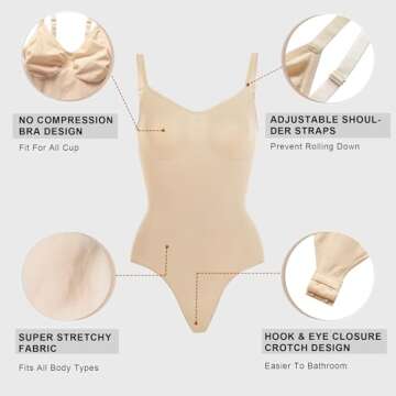 YIANNA Shapewear for Women Tummy Control Bodysuit Seamless Sculpting Snatched Waist Body Suit Thong,YA5215-Beige-S/M