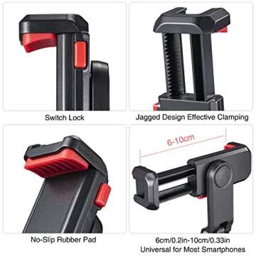 CAMOLO Cell Phone Tripod Mount Adapter Holder Phone Tripod Mount 2 Cold Shoe Camera Phone Hot Shoe Holder 360° Adjustable Rubber Pad Clip for iPhone Android Microphone LED Light Canon Sony DSLR