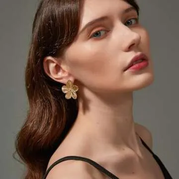 Sylph 14K Gold Plated Gold Flower Earrings Large Flower Stud Earrings Flower Big Statement 925 Sterling Silver Stud Earrings Chunky Floral Earrings Trendy Jewelry Gift for Women