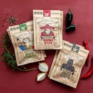 Righteous Felon Biltong Beef Jerky Variety Pack | South African Biltong Snack Packs for Adults | High Protein, Keto-Friendly, Low Sugar | Made with Premium Meats | Beef Jerky Gifts for Men | 6 Pack