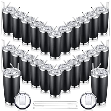 SEEWEY 24 Pack Insulated Travel Tumblers - 20oz Stainless Steel Mugs with Lids & Straws