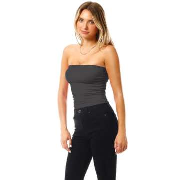 MixMatchy Women's Solid Casual Summer Side Shirring Scrunched Double Layered Tube Top 3PACK - Black/Charcoal/White L