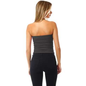 MixMatchy Women's Solid Casual Summer Side Shirring Scrunched Double Layered Tube Top 3PACK - Black/Charcoal/White L