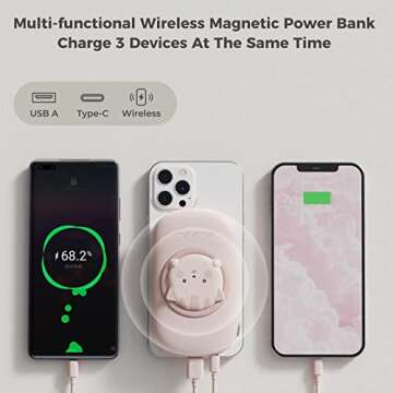 Wireless Magnetic Portable Charger Power Bank Fast Charging 10000mAh USB C Power Bank, Cute Portable Battery Pack for iPhone 14/13/12 Series, iPad, AirPods-Pink
