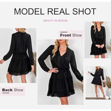 Dokotoo Womens Cute Spring Casual Sexy Deep V Neck Ruffle Chiffon Lantern Long Sleeve Elegant Empire Waist Flowy Mini Short Skirt Dresses for Women Party 2024 Black Medium