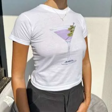 NUFIWI Womens Short Sleeve Graphic Baby Tees Y2k Martini Glass Print T Shirt White Crop Top E Girls ...