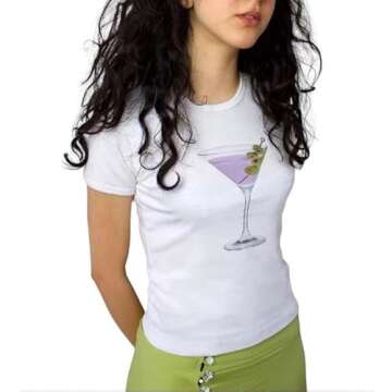 NUFIWI Womens Short Sleeve Graphic Baby Tees Y2k Martini Glass Print T Shirt White Crop Top E Girls Cute Aesthetic Clothes Summer(D Martini Purple,M)