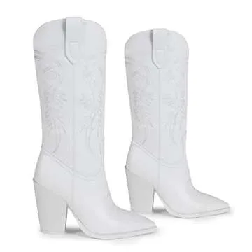 ISNOM White Cowboy Boots for Women - Stylish Knee High Western Footwear