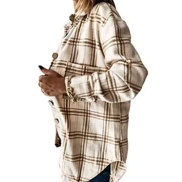 Women Casual Flannel Plaid Shacket Jacket - Stylish Button Down Coat (B Plaid Beige, M)