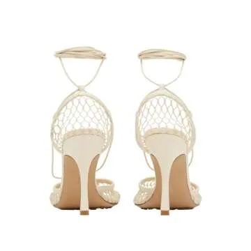 olomisa Mesh Heels for Women, Wrap-up Heels Square Toe Stiletto High Heel Strappy Heeled Sandals Sexy Lace Up Fishnet Heels