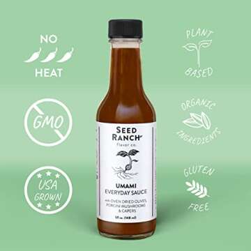 Seed Ranch Umami Everyday Hot Sauce, 5 Fl. oz. - Mild Heat Flavor - Oven Dried Olives, Porcini Mushrooms & Capers - Vegan, Non-GMO, Gluten-Free - Marinade, Vegetables, Soup & Rice