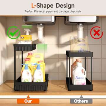 Sevenblue 3 Pack Under Sink Organizers and Storage L-Shaped, 2 Tier Sliding Bathroom Organizers and Storage with Hooks Hanging Cup, Multi-Purpose Cabinet Organizers for Kitchen Bathroom, Black