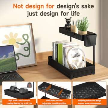 Sevenblue 3 Pack Under Sink Organizers and Storage L-Shaped, 2 Tier Sliding Bathroom Organizers and Storage with Hooks Hanging Cup, Multi-Purpose Cabinet Organizers for Kitchen Bathroom, Black