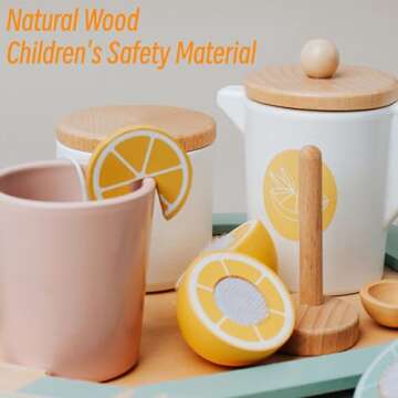 Wooden Tea Party Set for Little Girls Toys, Pretend Play Kids Tea Set for Toddlers Wood Toys, Wooden Play Food Kitchen Accessories Sets for Kid (Lemon Tea)