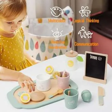 Wooden Tea Party Set for Little Girls Toys, Pretend Play Kids Tea Set for Toddlers Wood Toys, Wooden Play Food Kitchen Accessories Sets for Kid (Lemon Tea)