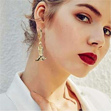 Western Cowgirl Earrings - Gold Plated Boot Dangle Jewelry