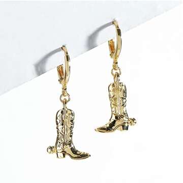 Western Cowgirl Earrings - Gold Plated Boot Dangle Jewelry