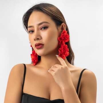 Large Flower Earrings for Women Red Fabric Flower Earrings Stud Oversized Exaggerated Flower Statement Dangle Earrings Jewelry Gift for Women (red)