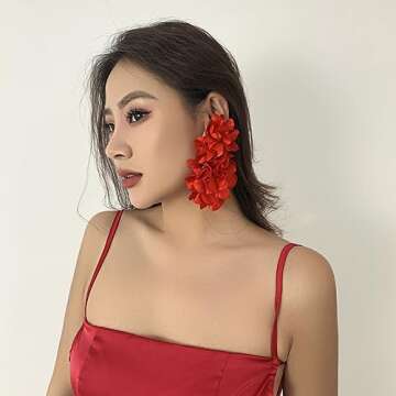 Large Flower Earrings for Women Red Fabric Flower Earrings Stud Oversized Exaggerated Flower Statement Dangle Earrings Jewelry Gift for Women (red)