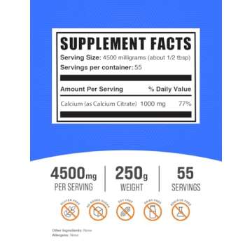 BulkSupplements.com Calcium Citrate Powder - Calcium Citrate Supplement, Calcium Citrate 1000mg - Gluten Free, 4500mg (1000mg Calcium) per Serving, 250g (8.8 oz) (Pack of 1)