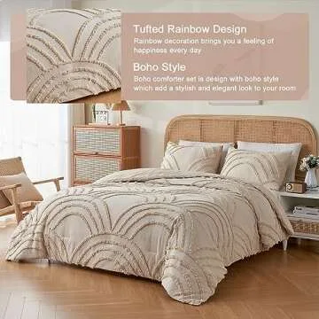ENJOHOS Twin XL Comforter Set for College Girls - Twin Size Boho Beige Tufted Rainbow Comforter, 2 Pieces Rainbow Bedding for All Season, Lightweight Soft Microfiber Comforter with 1 Pillowcase